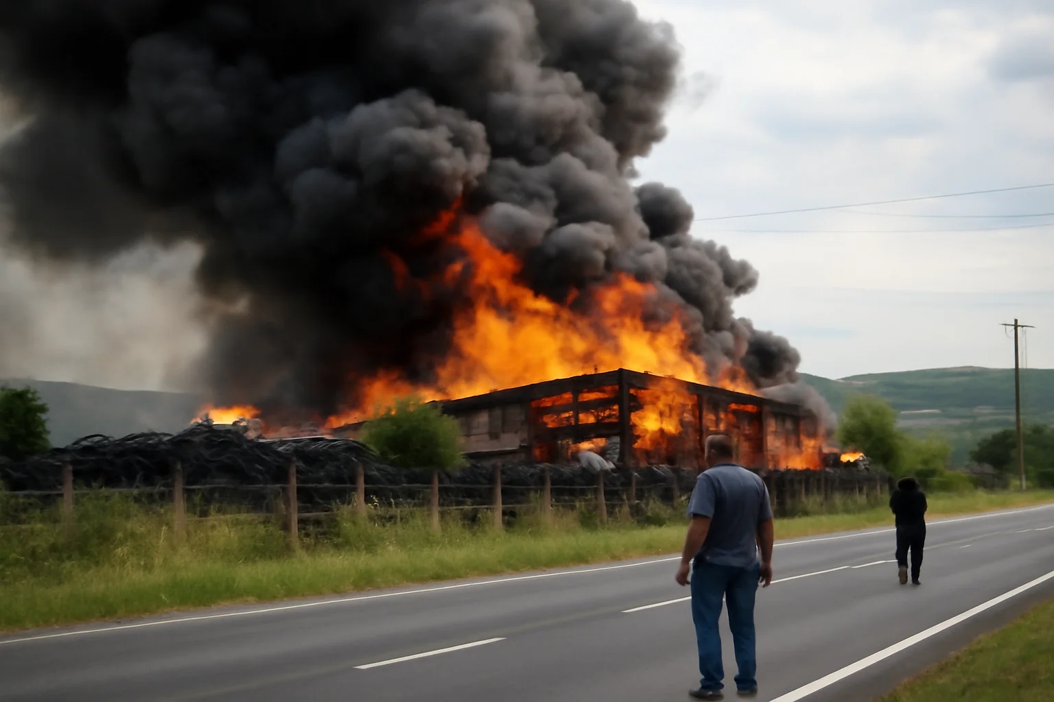 Incendiu puternic la un depozit de anvelope din Veștem, județul Sibiu, vizibil de pe DN1