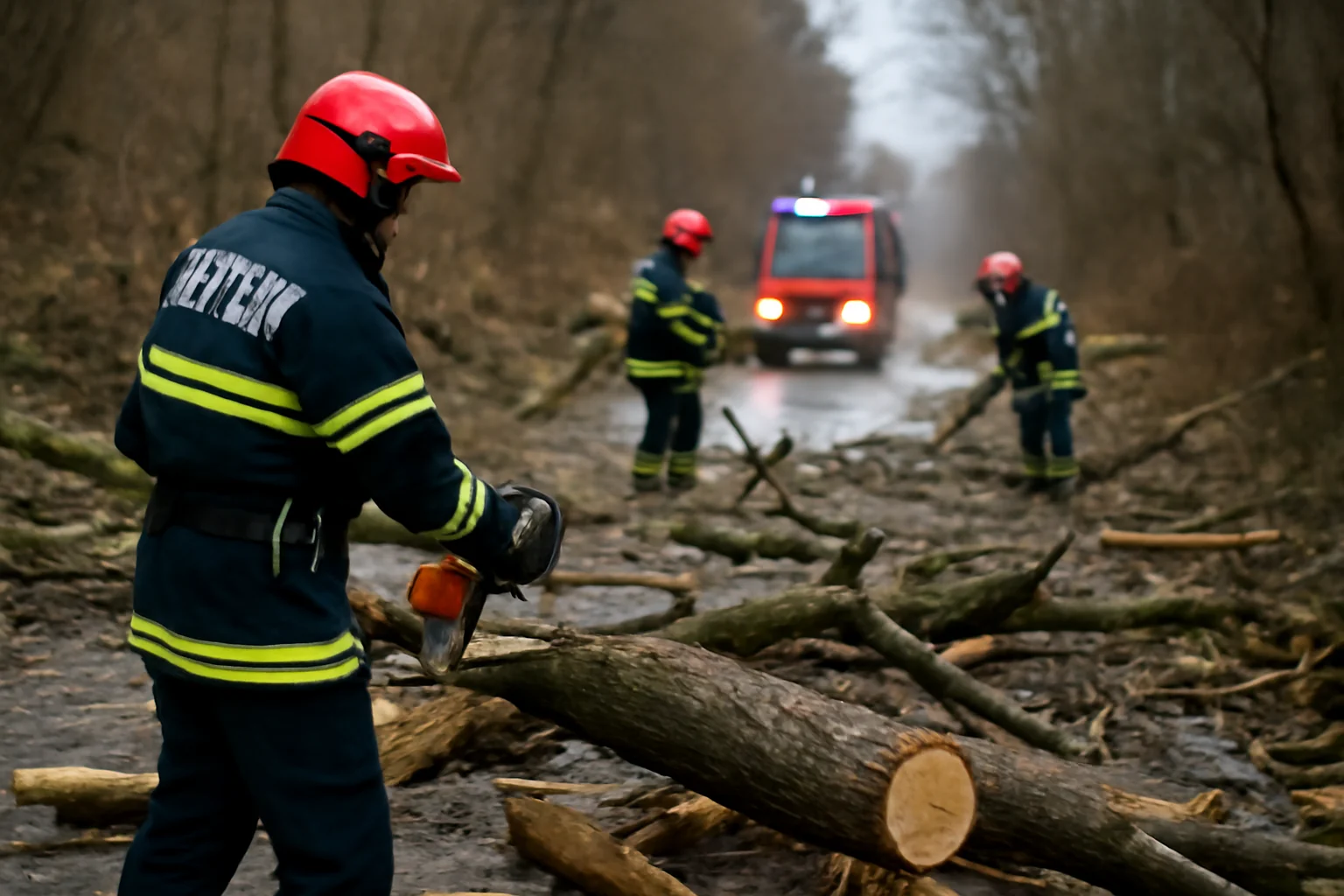 Intervenții ale pompierilor din Sibiu după copaci căzuți pe șosele în urma viscolului