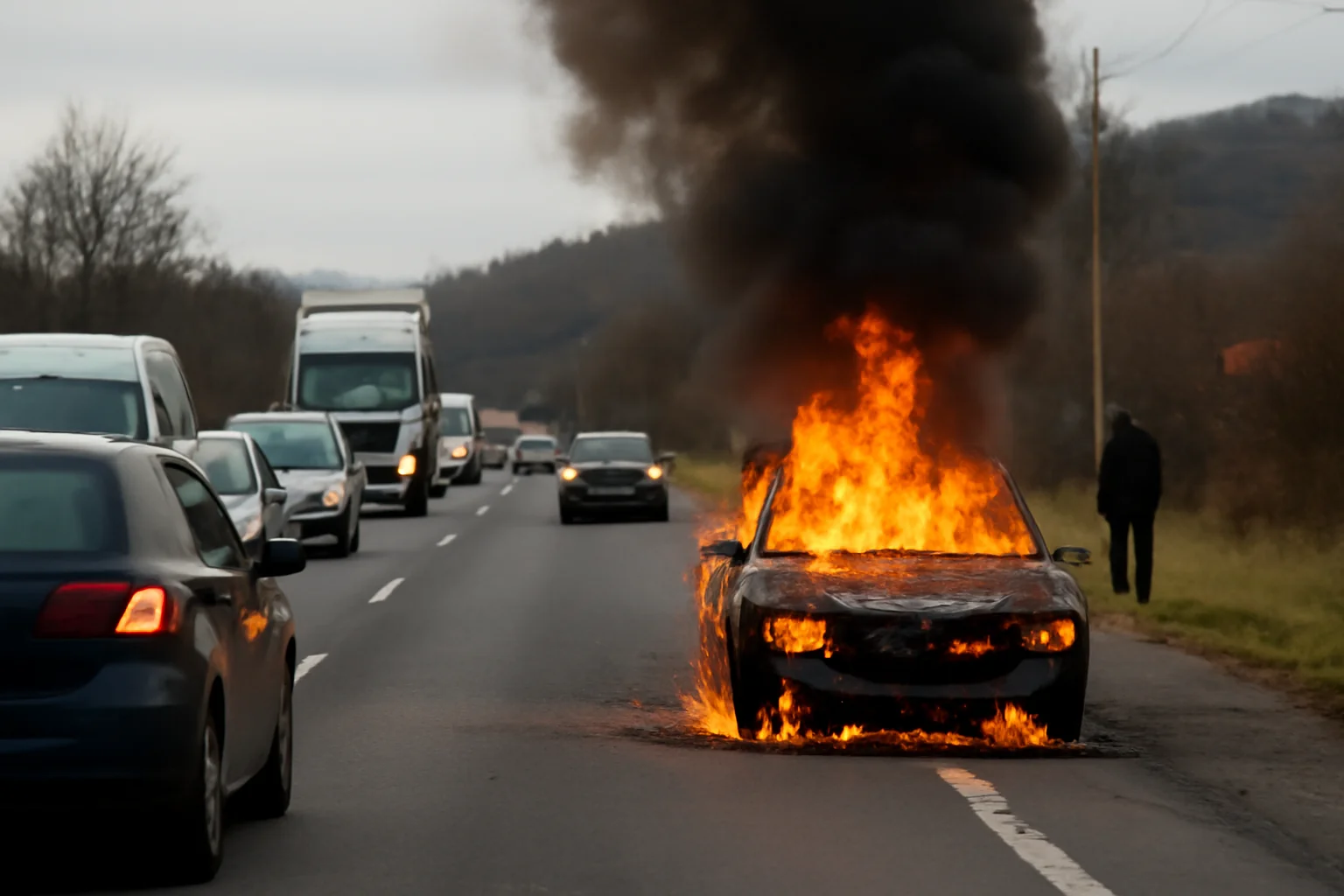 Mașină cuprinsă de flăcări pe DN1, la intrarea în Scoreiu dinspre Sibiu. Traficul a fost blocat temporar